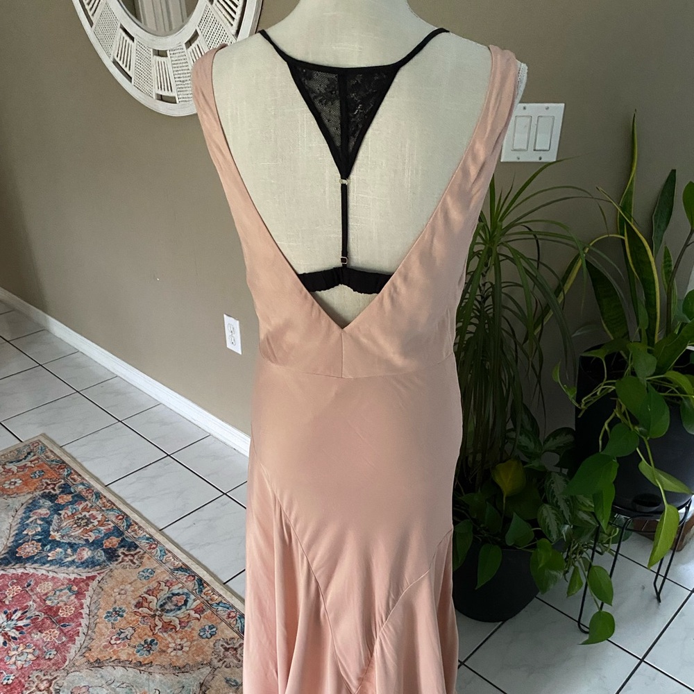 LKNW Anthropologie Open Back Slip Dress Bias Cut Blush Pink Black Lace Silky